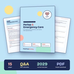 May include: A light blue NCLEX-RN mini study guide titled Periop & Emergency Care. The cover features a heart icon with the text PASS!, 15 pages of notes, Q&A with rationales, and 2029 test plan information. Two interior pages are visible.