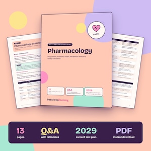 May include: A Pharmacology study guide for NCLEX-PN with a peach cover featuring a heart icon labeled PASS!, text detailing drug classes, insulin, and dosage calculation, plus two interior pages showing medication administration notes.