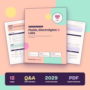 May include: A peach-colored NCLEX-PN study guide titled Fluids, Electrolytes & Labs with a heart icon labeled PASS. The guide includes 12 pages of notes, Q&A, and 2029 test plan information. Two additional pages of the guide are visible behind the main cover.
