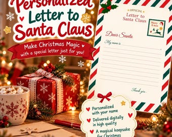 May include: A personalized letter to Santa Claus template featuring red and green diagonal striped borders, a stamp with a reindeer, and lines for writing. The text reads Personalized Letter to Santa Claus and Dear Santa.