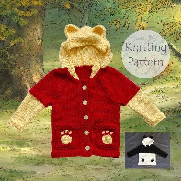 Knitting Pattern, Winnie The Pooh & Panda Bear Hoodie. Baby Sweater Knitting Pattern. Size 6, 12, 18 and 24 months, Baby Knitting Pattern.