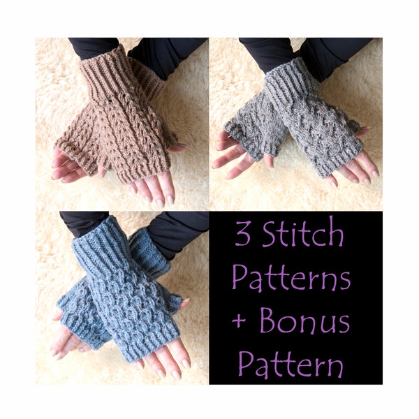 Knitting Pattern, "Shuswap Mitten", Adult Fingerless Gloves, 3 Stitch Patterns, Plus Free Pattern Included, Wrist Warmer, Fingerless Mittens