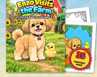 Enzo Visits the Farm Printable Coloring Pages for Kids Ages 3 to 8, Cute Dog Farm Animal Coloring Sheets, Tractor Barn, Instant Download PDF
