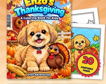 Disegni da colorare stampabili di Enzo per il Giorno del Ringraziamento, adatti a bambini dai 3 agli 8 anni: simpatici disegni da colorare di cani, tacchini e torte di zucca, download immediato in formato PDF.