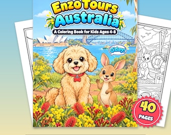 Australia Coloring Pages for Kids, 40 Printable Puppy Pages, Enzo Tours Australia PDF, Kangaroo Koala Travel Activity, Ages 3 to 8