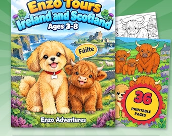 Disegni da colorare di Irlanda e Scozia per bambini, 36 pagine di cuccioli stampabili, Enzo Tours PDF, attività con la mucca delle Highlands e il castello, età 3-8 anni