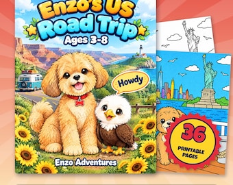 Disegni da colorare per bambini sul viaggio in auto negli Stati Uniti, 36 pagine stampabili con cuccioli, il PDF del viaggio in auto di Enzo negli Stati Uniti, attività di viaggio in America, età 3-8 anni