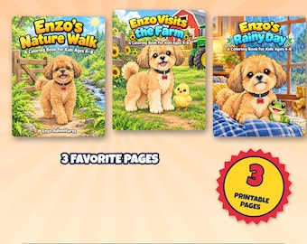 Raccolta di disegni da colorare di Enzo, 3 pagine da colorare stampabili per bambini dai 3 agli 8 anni, simpatici disegni di cani da colorare, prova le avventure di Enzo, download immediato in PDF