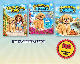 Pacchetto da viaggio Enzo, 120 pagine da colorare stampabili per bambini dai 3 agli 8 anni, Italia Grecia Spiaggia Cane Disegni da colorare, Download immediato PDF