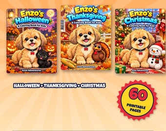 Enzo's Holiday Bundle, 60 Printable Coloring Pages for Kids Ages 3 to 8, Halloween Thanksgiving Christmas Dog Coloring, Instant Download