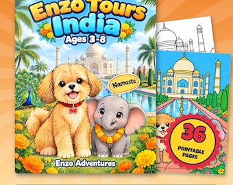 Disegni da colorare sull'India per bambini, 36 pagine stampabili con cuccioli, Enzo Tours India PDF, Attività di viaggio con elefanti e Taj Mahal, Età 3-8