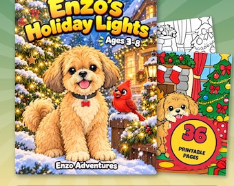 Holiday Coloring Pages for Kids, 36 Printable Puppy Pages, Enzo's Holiday Lights PDF, Winter Tree Cardinal Activity, Ages 3 to 8