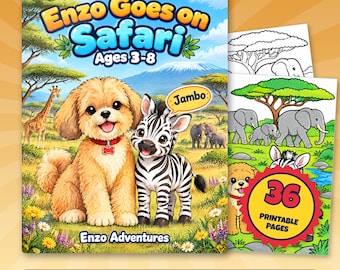 Safari Coloring Pages for Kids, 36 Printable Puppy Pages, Enzo Goes on Safari PDF, Zebra Lion Elephant Giraffe Activity, Ages 3 to 8