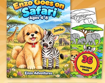 Disegni da colorare a tema safari per bambini, 36 pagine stampabili con cuccioli, Enzo va in safari in PDF, attività con zebra, leone, elefante e giraffa, età 3-8 anni
