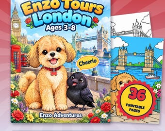 Disegni da colorare di Londra per bambini, 36 pagine di cuccioli stampabili, Enzo Tours London PDF, attività di viaggio sul Big Ben e sul Tower Bridge, età 3-8 anni