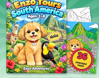 South America Coloring Pages for Kids, 36 Printable Puppy Pages, Enzo Tours South America PDF, Toucan Llama Amazon Activity, Ages 3 to 8