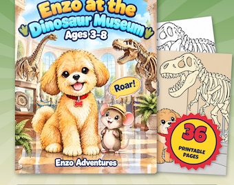 Disegni di dinosauri da colorare per bambini, 36 pagine di cuccioli stampabili, Enzo al Museo dei Dinosauri in formato PDF, attività con fossili di T-Rex, età 3-8 anni