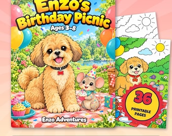 Birthday Coloring Pages for Kids, 36 Printable Puppy Pages, Enzo's Birthday Picnic PDF, Party Balloons Cake Activity, Ages 3 to 8