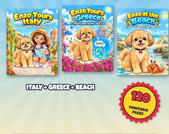 Enzo Travel Bundle, 120 Printable Coloring Pages for Kids Ages 3 to 8, Italy Greece Beach Dog Coloring Sheets, Instant Download PDF