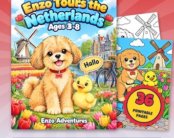 Disegni da colorare dei Paesi Bassi per bambini, 36 pagine di cuccioli stampabili, Enzo Tours Holland PDF, Attività di viaggio Mulino a vento Tulipani, Età 3-8