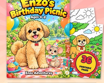 Birthday Coloring Pages for Kids, 36 Printable Puppy Pages, Enzo's Birthday Picnic PDF, Party Balloons Cake Activity, Ages 3 to 8