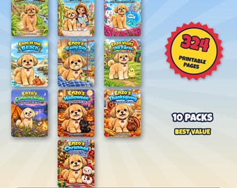 Enzo Mega Bundle, 324 Printable Coloring Pages for Kids Ages 3 to 8, 10 Dog Coloring Books, Travel Holiday Camping, Instant Download PDF