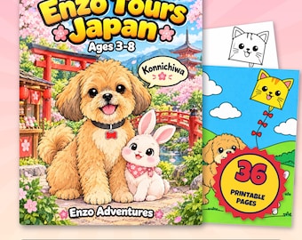 Japan Coloring Pages for Kids, 36 Printable Puppy Pages, Enzo Tours Japan PDF, Bunny Cherry Blossom Travel Activity, Ages 3 to 8