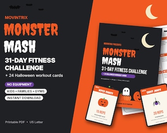 Könnte beinhalten: Ein Movintrix Monster Mash 31-Tage-Fitness-Challenge-Set mit einem schwarz-orangen Cover, verziert mit einer Mondsichel und Fledermäusen. Enthält 24 Halloween-Workout-Karten mit Illustrationen von Kürbissen, Geistern und Spinnen sowie Übungsbeschreibungen.
