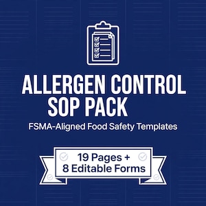 以下が含まれることがあります： ALLERGEN CONTROL SOP PACK FSMA-Aligned Food Safety Templatesと書かれた濃い青色のデジタル文書。白いクリップボードのアイコンと、19 Pages + 8 Editable Formsと記されたバナーがグリッド背景上に配置されています。