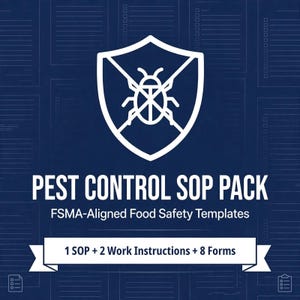 Op de afbeelding: Een donkerblauwe afbeelding met een wit schildpictogram met een doorgestreept insect. De tekst luidt: PEST CONTROL SOP PACK, FSMA-Aligned Food Safety Templates en 1 SOP + 2 Work Instructions + 8 Forms op een witte banner.