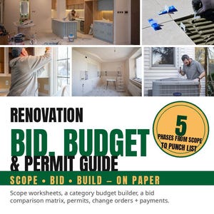 May include: A digital guide titled Renovation Bid, Budget & Permit Guide by Homeready Guides. The cover features a collage of home construction photos, including tiling, interior remodelling, and HVAC work, with text detailing scope worksheets, budget builders, and permit trackers.