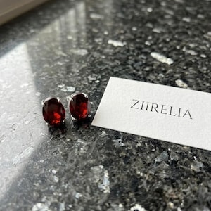 Red Gemstone Stud Earrings, 925 Sterling Silver Oval Red Earrings