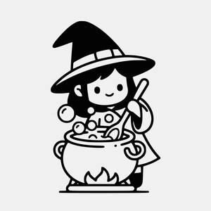 May include: A black and white graphic illustration of a character wearing a pointed hat, stirring a large cauldron with a wooden spoon. The cauldron sits over a small flame, and several bubbles rise from the liquid inside the pot.