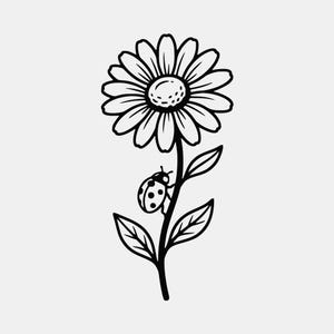 May include: A black and white line art illustration of a single daisy flower with a central disc and numerous petals. A small ladybug with visible spots is positioned on the stem, which features two pointed leaves extending outward.