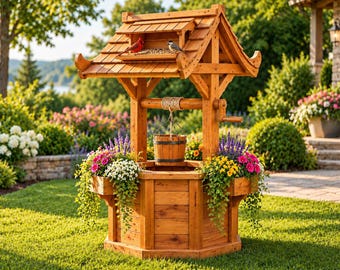 Könnte beinhalten: Ein hölzerner Zierbrunnen für den Garten mit Schindeldach, einem an einem Seil hängenden Eimer in der Mitte und zwei seitlichen Blumenkästen mit violetten, gelben und rosa Blüten. Ein roter Kardinal und eine Meise sitzen auf dem Dach.