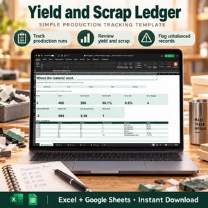 Production Yield and Scrap Tracker Spreadsheet, Excel and Google Sheets Output Report Template