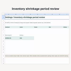 May include: A digital spreadsheet interface titled Inventory shrinkage period review. The document includes headers for Dashboard, Counts, Review, Start, and Settings, with a specific row displaying Period review ID SHRINK-001 and Currency USD.