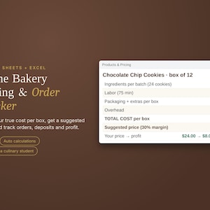 May include: A digital spreadsheet template for Google Sheets and Excel titled Home Bakery Pricing & Order Tracker. It displays a pricing breakdown for a box of 12 chocolate chip cookies, including costs for ingredients, labor, packaging, and overhead.