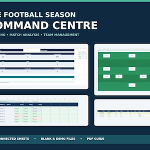 May include: A digital spreadsheet template titled THE FOOTBALL SEASON COMMAND CENTRE for coaching, match analysis, and team management. It includes data tables, a green field diagram with player positions, and attendance tracking sheets.