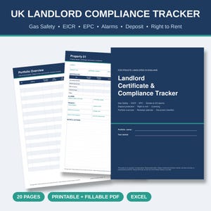 Britischer Vermieter-Compliance-Tracker (druckbares PDF), Gassicherheits-EICR-EPC-Zertifikat-Protokoll, Mietobjektplaner, Vermieterordner, Excel-Tabelle
