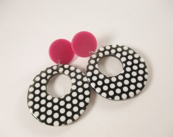 Swinging 60s Mod Polka Dot Dangle Earrings, Fashion Black and White Circle Hoops