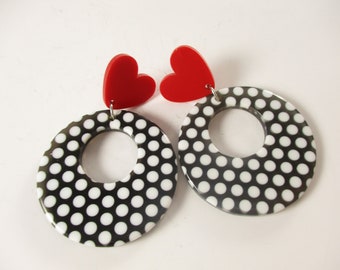 Swinging 60s Mod Polka Dot Dangle Earrings, Red Heart Fashion Black and White Circle Hoops