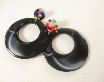 Swinging 60s Black Rainbow Top Dangle Earrings, LARGE SIZED Marbled Circle Hoops