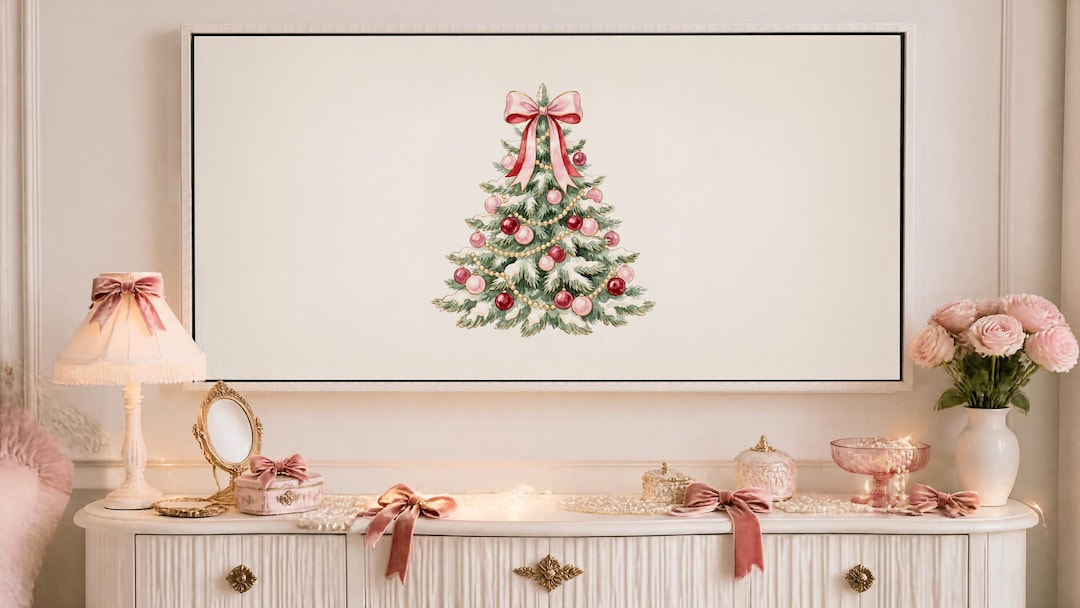 Pinkmas Tree Designs Coquette Pink Bow Christmas Tree Frame TV Art, Preppy Pinkmas Aesthetic ...