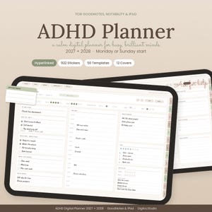 Könnte beinhalten: Ein digitaler ADHS-Planer auf einem Tablet-Bildschirm mit Bereichen für tägliche Aufgaben, Zeitblockierung und Brain-Dumping. Die Benutzeroberfläche enthält Navigationsregisterkarten, Kontrollkästchen und eine helle Farbpalette mit Textbeschriftungen wie ADHD Planner, 2027 + 2028 und Hyperlinked.
