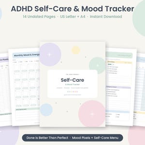 May include: A digital ADHD Self-Care & Mood Tracker planner set featuring 14 undated pages. The cover displays the text "Self-Care & Mood Tracker" with pastel circles and star icons. Interior pages include trackers for mood, energy, and daily habits.