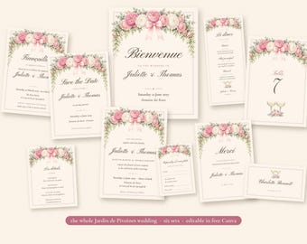 Pakket met trouwuitnodigingen, bewerkbare Save the Date-kaarten voor Canva, uitnodiging voor een verloving, welkomstbord, tafelindeling, tafelnummers en bedankkaartjes.