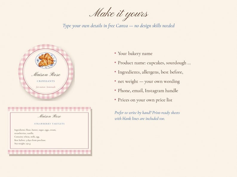 Pink Card Labels Bakery Labels Printable, Editable Canva Home Bakery Kit, Round Product ...