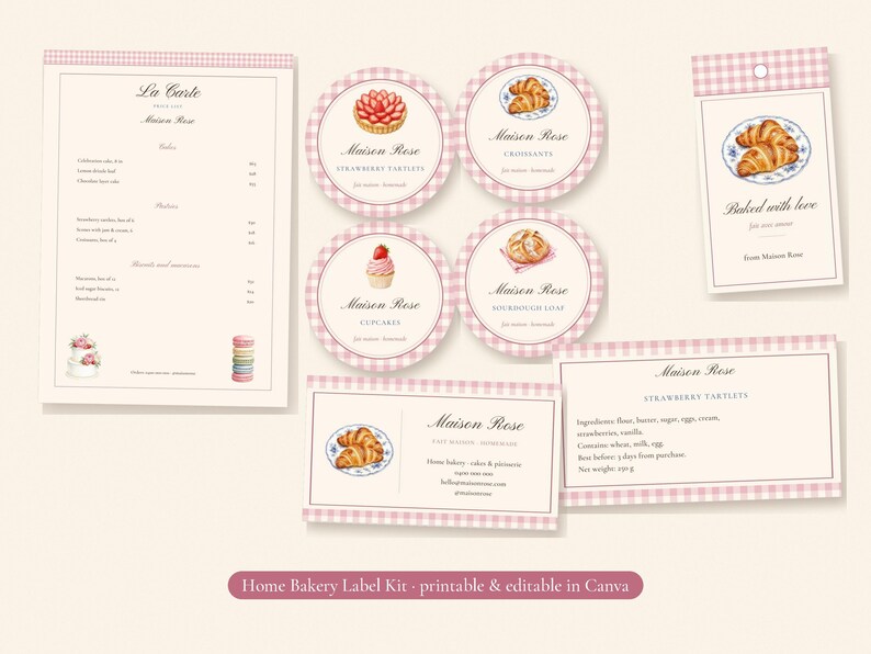 Pink Card Labels Bakery Labels Printable, Editable Canva Home Bakery Kit, Round Product ...