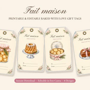 Könnte beinhalten: Vier rechteckige Geschenkanhänger mit abgerundeten Ecken und Metallösen, die den Text Fait maison und baked with love tragen. Jeder Anhänger zeigt Aquarellillustrationen von Backwaren wie Sternenkeksen, einem Gugelhupf und Brot.